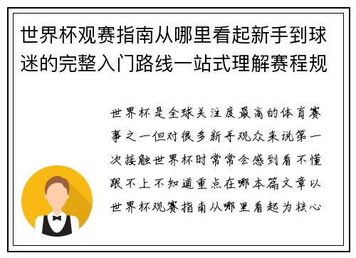 世界杯观赛指南从哪里看起新手到球迷的完整入门路线一站式理解赛程规则看点