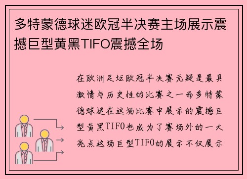 多特蒙德球迷欧冠半决赛主场展示震撼巨型黄黑TIFO震撼全场