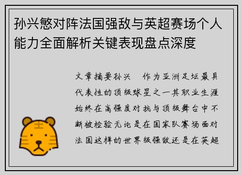 孙兴慜对阵法国强敌与英超赛场个人能力全面解析关键表现盘点深度